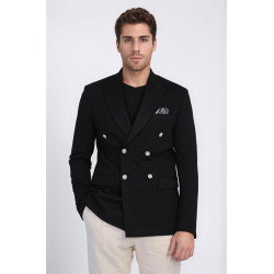 Black Solid Slim Fit Double-Breasted Blazer with Silver Metal Buttons – Chadrobe