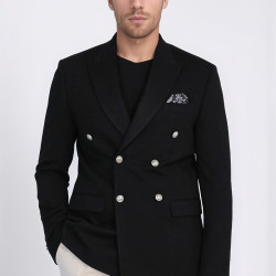 Black Solid Slim Fit Double-Breasted Blazer with Silver Metal Buttons – Chadrobe
