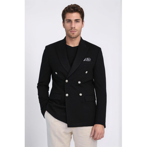 Black Solid Slim Fit Double-Breasted Blazer with Silver Metal Buttons – Chadrobe