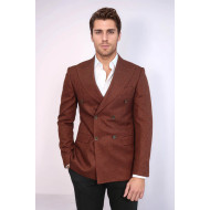 Houndstooth Patterned Brown Men Double Breasted Blazer - Chadrobe