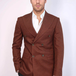 Houndstooth Patterned Brown Men Double Breasted Blazer - Chadrobe
