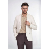 Beige Herringbone Pattern Gold Metal Button Slim Fit Men's Blazer Jacket - Chadrobe