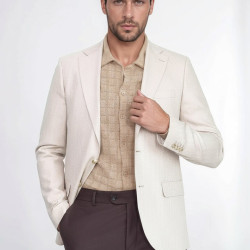 Beige Herringbone Pattern Gold Metal Button Slim Fit Men's Blazer Jacket - Chadrobe