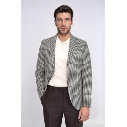 Black & Cream Houndstooth Pattern Gold Metal Button Slim Fit Men's Blazer Jacket - Chadrobe