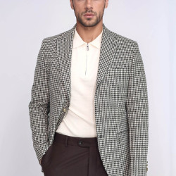 Black & Cream Houndstooth Pattern Gold Metal Button Slim Fit Men's Blazer Jacket - Chadrobe