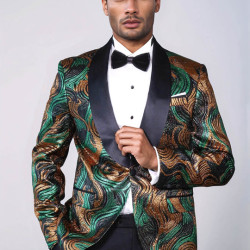 Gold-Green Patterned Over Black Men Stage Performers Jacket - Chadrobe