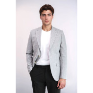 Grey Textured Linen-Feel Gold Metal Button Slim Fit Men's Blazer Jacket - Chadrobe
