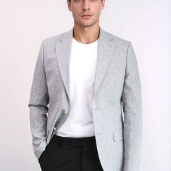 Grey Textured Linen-Feel Gold Metal Button Slim Fit Men's Blazer Jacket - Chadrobe