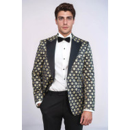 Floral Patterned Peak Lapel Navy Blue with Gold Embellished Dinner Jacket - Chadrobe