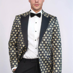 Floral Patterned Peak Lapel Navy Blue with Gold Embellished Dinner Jacket - Chadrobe