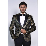 Peak Lapel Slim Fit Gold Patterned Black Men Evening Blazer