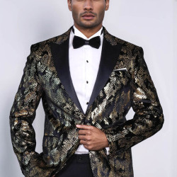 Peak Lapel Slim Fit Gold Patterned Black Men Evening Blazer