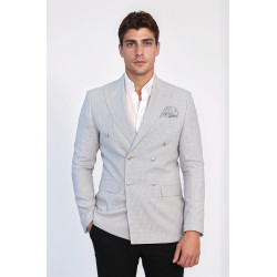Grey Micro-Check Slim Fit Double-Breasted Blazer with Silver Metal Buttons – Chadrobe