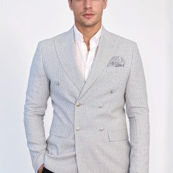 Grey Micro-Check Slim Fit Double-Breasted Blazer with Silver Metal Buttons – Chadrobe