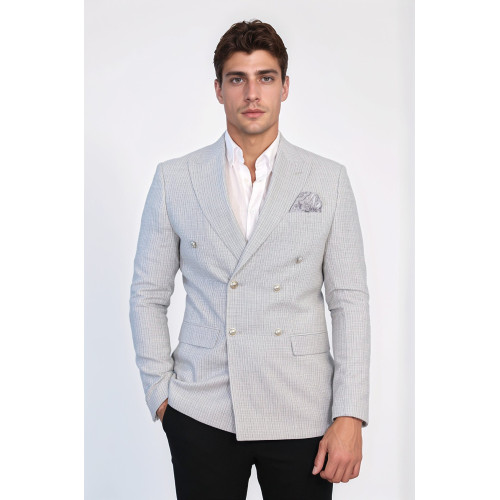 Grey Micro-Check Slim Fit Double-Breasted Blazer with Silver Metal Buttons – Chadrobe