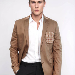 Double Buttons Knit Collar Mono Lapel Tan Jacket-Chadrobe