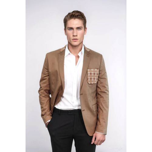 Double Buttons Knit Collar Mono Lapel Tan Jacket-Chadrobe