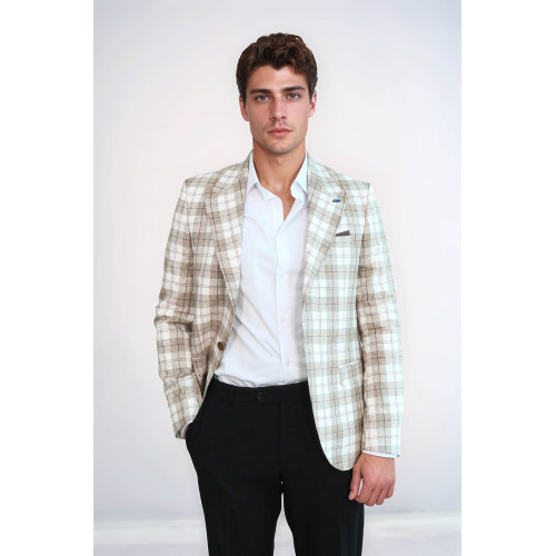 Single Button Wide Pointed Collar Beige Blazer - Chadrobe