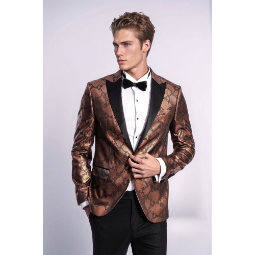 Patterned Slim Fit Brown Men Stage Tuxedo Blazer - Chadrobe