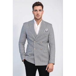 Dark Grey Micro-Check Slim Fit Double-Breasted Blazer with Silver Metal Buttons – Chadrobe