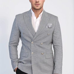 Dark Grey Micro-Check Slim Fit Double-Breasted Blazer with Silver Metal Buttons – Chadrobe