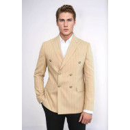 Double Breasted Slim Fit Striped Cream Men Blazer - Chadrobe
