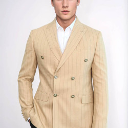 Double Breasted Slim Fit Striped Cream Men Blazer - Chadrobe