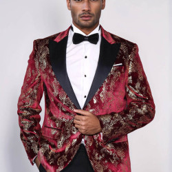 Peak Lapel Slim Fit Gold Patterned Burgundy Men Party Blazer - Chadrobe