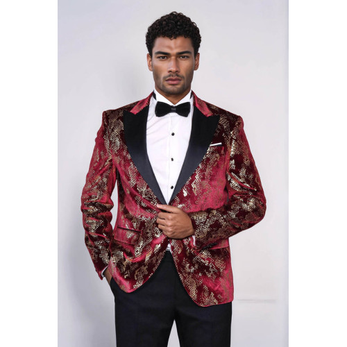 Peak Lapel Slim Fit Gold Patterned Burgundy Men Party Blazer - Chadrobe