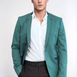Single Button Standing Collar Green Men Blazer - Chadrobe