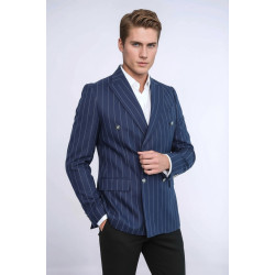 Double Breasted Slim Fit Striped Navy Blue Men Blazer - Chadrobe