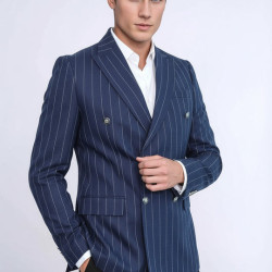 Double Breasted Slim Fit Striped Navy Blue Men Blazer - Chadrobe