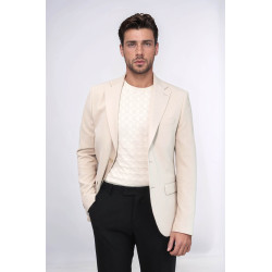 Beige Textured Gold Metal Button Slim Fit Men's Blazer Jacket - Chadrobe