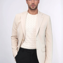 Beige Textured Gold Metal Button Slim Fit Men's Blazer Jacket - Chadrobe