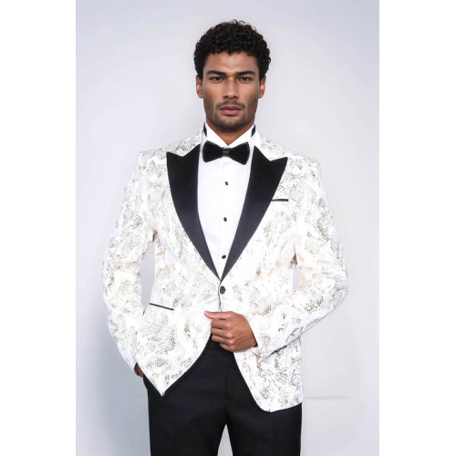 Peak Lapel Slim Fit Gold Patterned White Men Dinner Jacket - Chadrobe