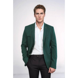 Double Buttons Shoulder Piece Mono Lapel Green Jacket-Chadrobe