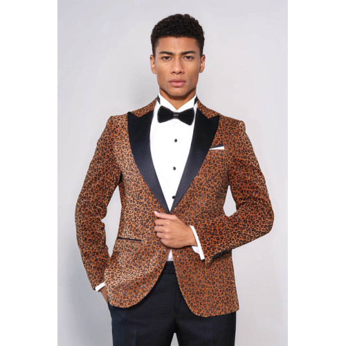 Leopard Pattern Slim Fit Peak Lapel Yellow Men Tuxedo Party Blazer