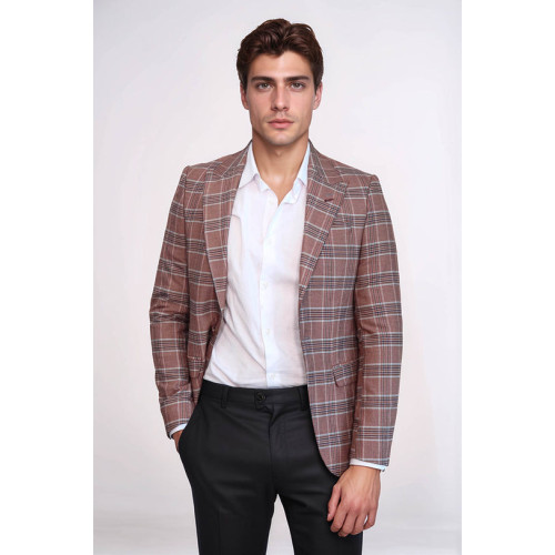 Checked Single Button Burgundy Men Blazer - Chadrobe