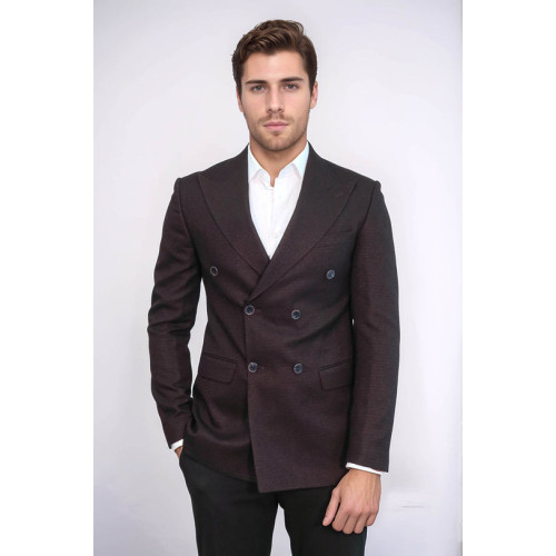 Houndstooth Patterned Burgundy Men Double Breasted Blazer - Chadrobe