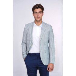 Light Blue Striped Linen Gold Metal Button Slim Fit Men's Blazer Jacket - Chadrobe