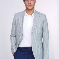 Light Blue Striped Linen Gold Metal Button Slim Fit Men's Blazer Jacket - Chadrobe