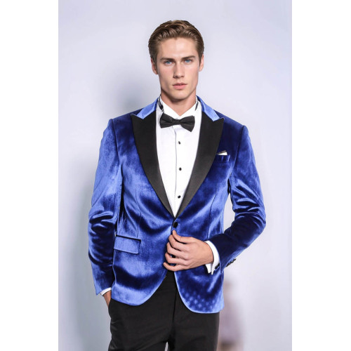 Velvet Navy Blue Slim Fit Men Tuxedo Jacket - Chadrobe