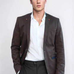Single Button Standing Collar Brown Men Blazer - Chadrobe