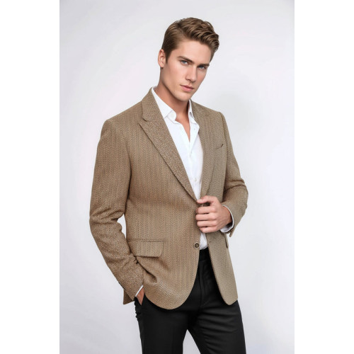 Houndstooth Pattern Wool Light Brown Men Blazer - Chadrobe
