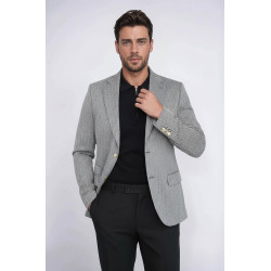 Black Herringbone Pattern Gold Metal Button Slim Fit Men's Blazer Jacket - Chadrobe