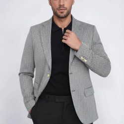 Black Herringbone Pattern Gold Metal Button Slim Fit Men's Blazer Jacket - Chadrobe