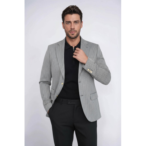 Black Herringbone Pattern Gold Metal Button Slim Fit Men's Blazer Jacket - Chadrobe