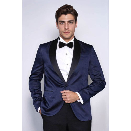 Patterned Shawl Lapel Navy Blue Men Tuxedo Jacket - Chadrobe