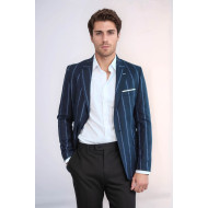 Striped Dark Blue Slim-Fit Blazer - Chadrobe
