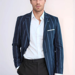 Striped Dark Blue Slim-Fit Blazer - Chadrobe